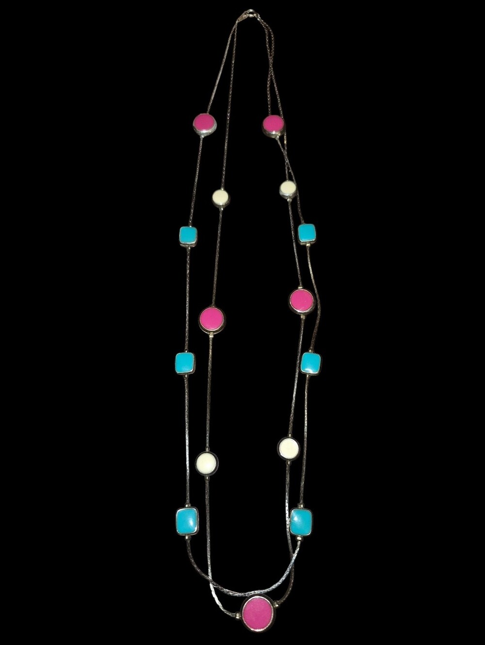 Unsigned Two Strand Pink,Teal &Cream Enamel Silver Tone Necklace (26 inches)